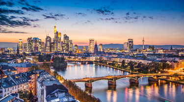 Aerial view of Frankfurt, Germany, at twilight, with skyline.