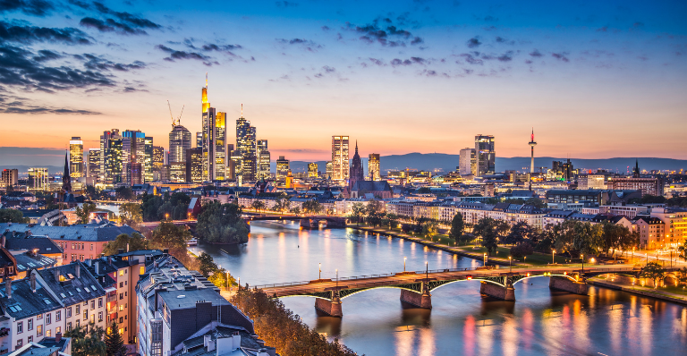 Aerial view of Frankfurt, Germany, at twilight, with skyline.