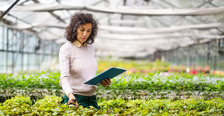 Woman holding tablet in a greenhouse filled with plants.