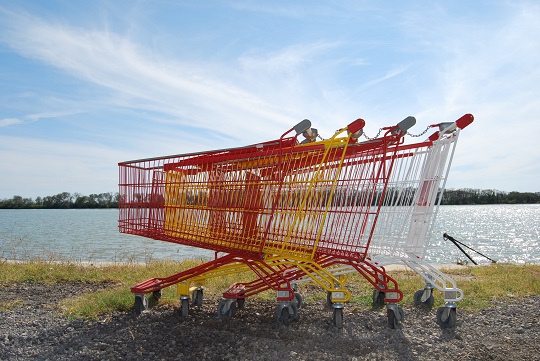 A row of brightly coloured shopping cards sits next to a river.