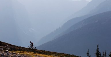 Mountain biker navigates steep climb.
