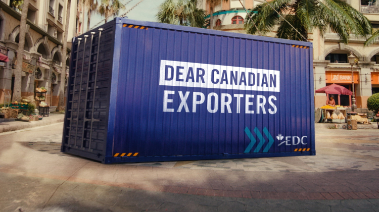 Blue shipping container in India, branded with the EDC logo and the message “Dear Canadian exporters"