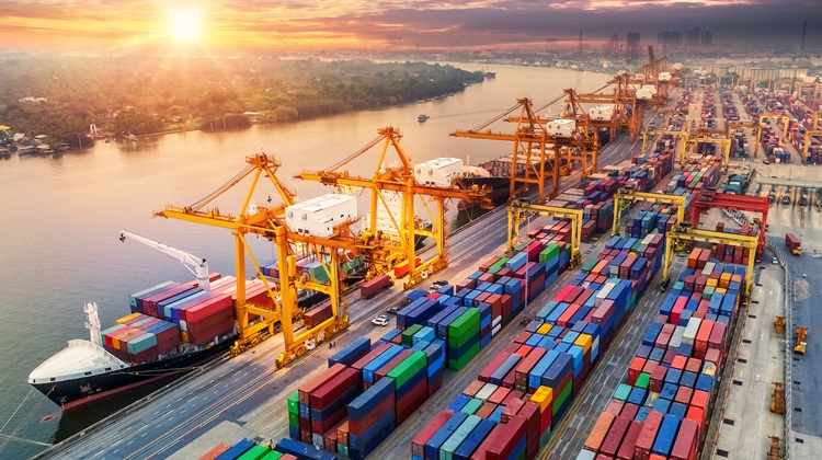 Un cargo décharge des conteneurs colorés dans un port international très fréquenté.