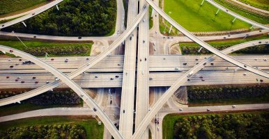 Aerial view of Houston, Texas, overpass and traffic.