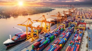 A line of cargo container ships with cranes working in a shipyard at sunrise.