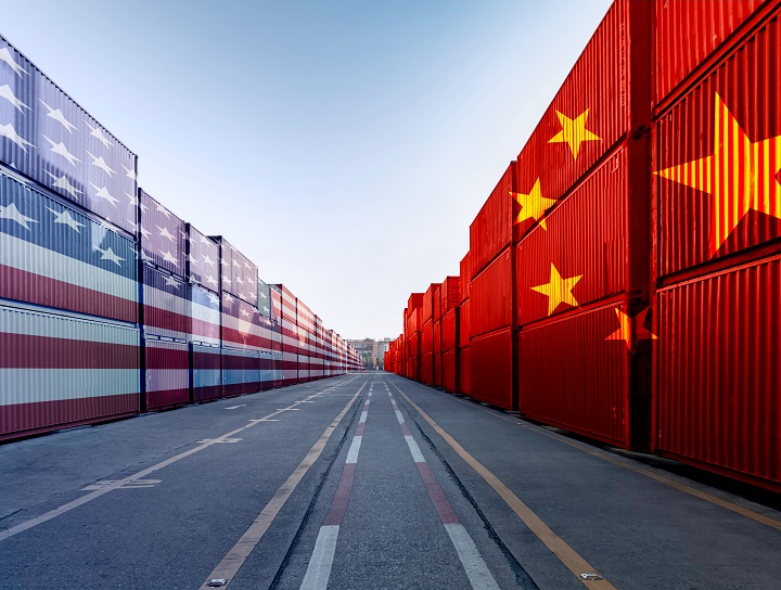 American, Chinese flags imposed on shipping containers.