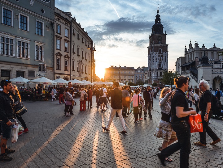 Busy market square in Poland.