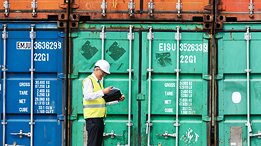 An inspector standing in front of large, colourful shipping containers