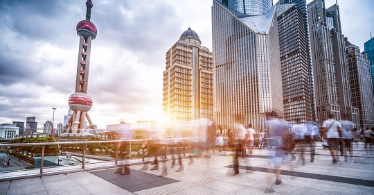 Shanghai street scene with Oriental Pearl tower