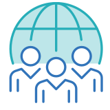 Icon of three people in front of a globe with latitude and longitude lines