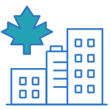 Icône représentant des immeubles et infrastructures avec une feuille d'érable