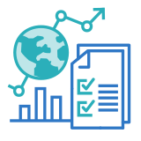 Icon showing a globe with a curved growth line going up, a bar graph and documents being check marked