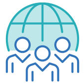 Icon showing three people standing in front of a globe