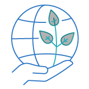 A hand holds a blue globe and a green plant