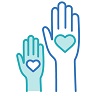 Icon of two raised hands with hearts in palms.
