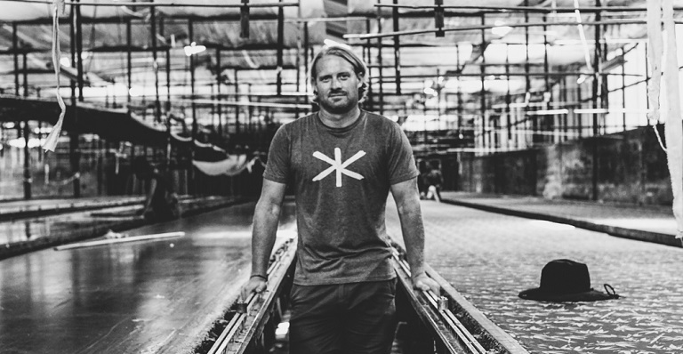 Jordan Kendel of Ekumenik stands in a Bali factory where his menswear line is made