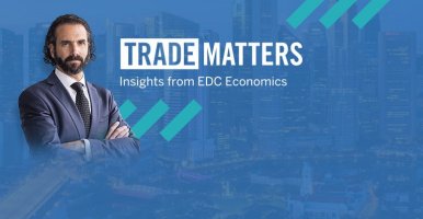 Bright, bold Trade Matters banner featuring image of EDC chief economist Stuart Bergman.