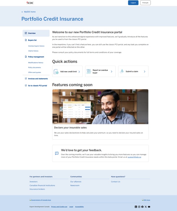 Portfolio Credit Insurance webpage showing quick action buttons, real-time update banners, a “Coming soon” section and feedback option.