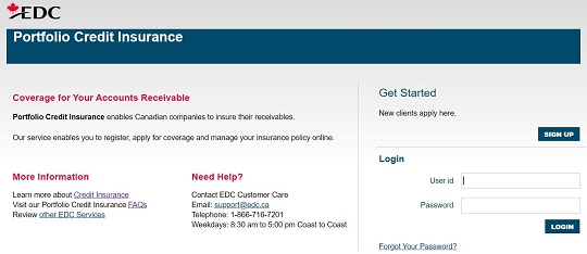 Login page for the Portfolio Credit Insurance portal
