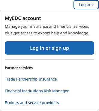 MyEDC login screen with a blue “Sign in or register” button. Options include managing insurance and financial services. Partner services listed: Insurance for business partners, Financial institutions risk manager, Brokers and service providers.