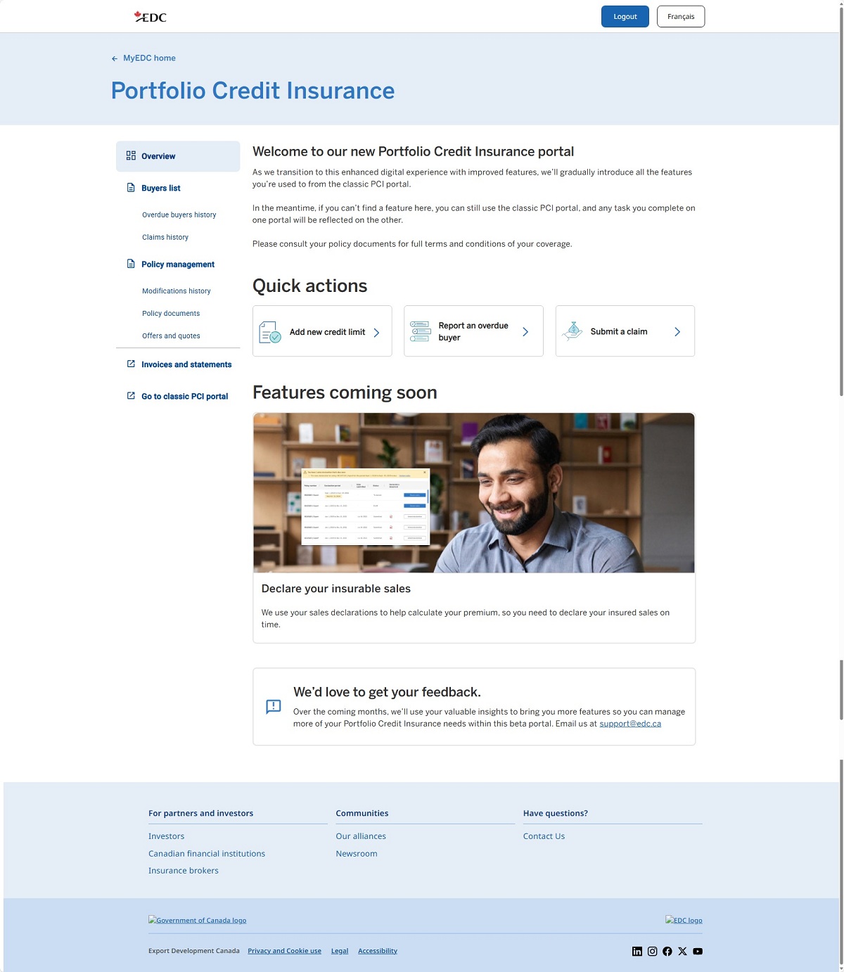 Portfolio Credit Insurance webpage with navigation menu, welcome message, quick action buttons, and feedback option.