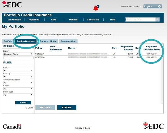 The Pending Decision tab in the Portfolio Credit Insurance Portal