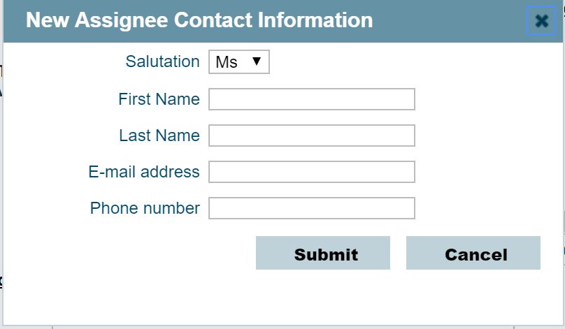 The New assignee contact information popup window
