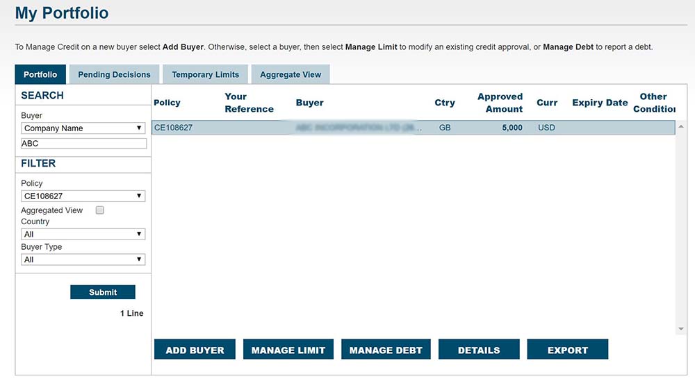 On the My Portfolio screen, highlight the buyer for whom you would like to submit a claim