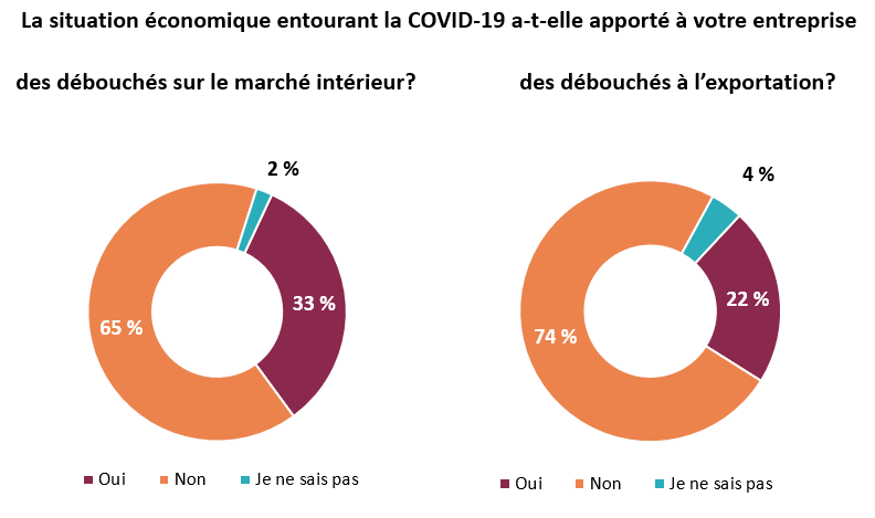 33 % des entreprises indiquent que la COVID-19 a entraîné de nouveaux débouchés sur le marché intérieur, et 22 % indiquent qu’elle a entraîné de nouveaux débouchés à l’exportation
