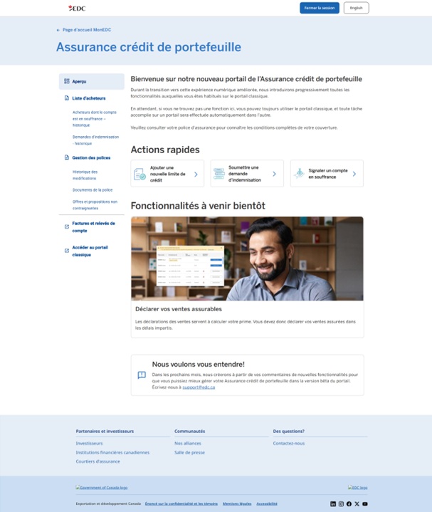 La page Web de l’Assurance crédit de portefeuille montrant les boutons des actions rapides, des bannières de mises à jour en temps réel, une section « Fonctionnalités à venir bientôt » et l’option de laisser un commentaire.