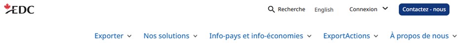 En-tête du site web d’EDC avec logo, liens de navigation et options de contact.