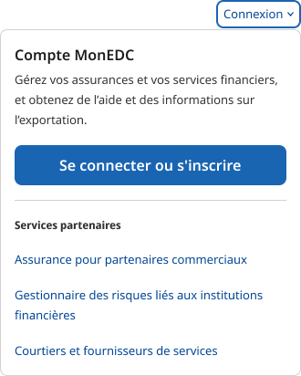 Écran de connexion MonEDC avec un bouton bleu « Se connecter ou s’inscrire ». Parmi les options : gestion des services de financement et d’assurance. Les services offerts par des partenaires sont aussi indiqués : assurance pour les partenaires commerciaux, gestionnaires des risques au sein des institutions financières, courtiers et fournisseurs de services.