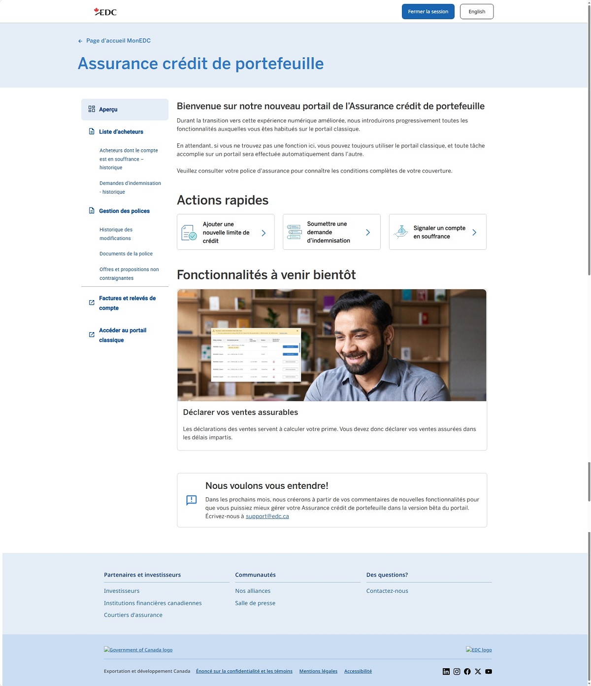 Page web de l’Assurance crédit de portefeuille avec menu de navigation, message de bienvenue, boutons d'action rapide et option de commentaires.