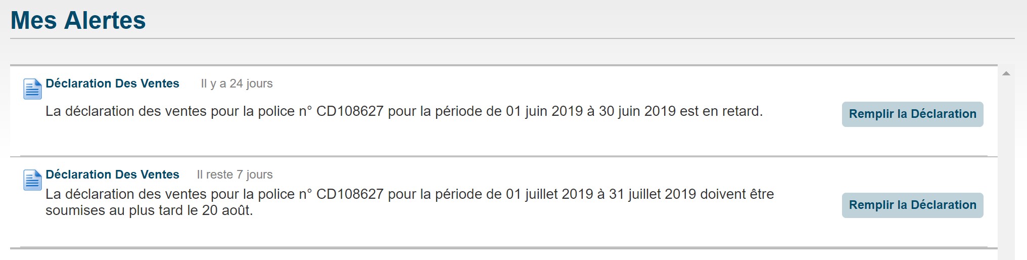 Des tâches sur la page Mes Alertes