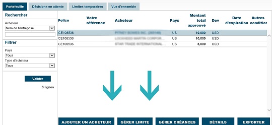 GÉRER LIMITE et GÉRER CRÉANCES sont accessibles directement à l’écran Mon portefeuille.