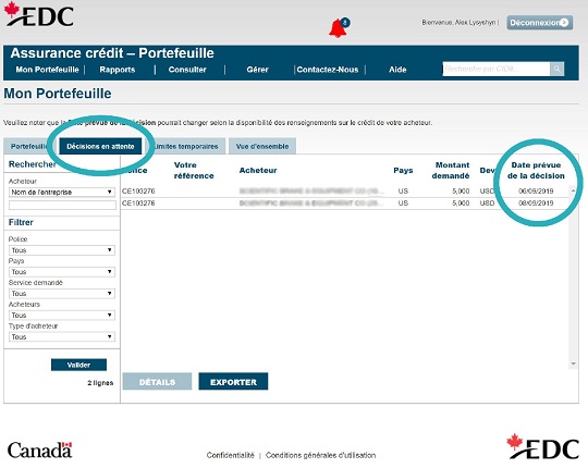 L’onglet Décisions en attente du portail de l’Assurance crédit de portefeuille