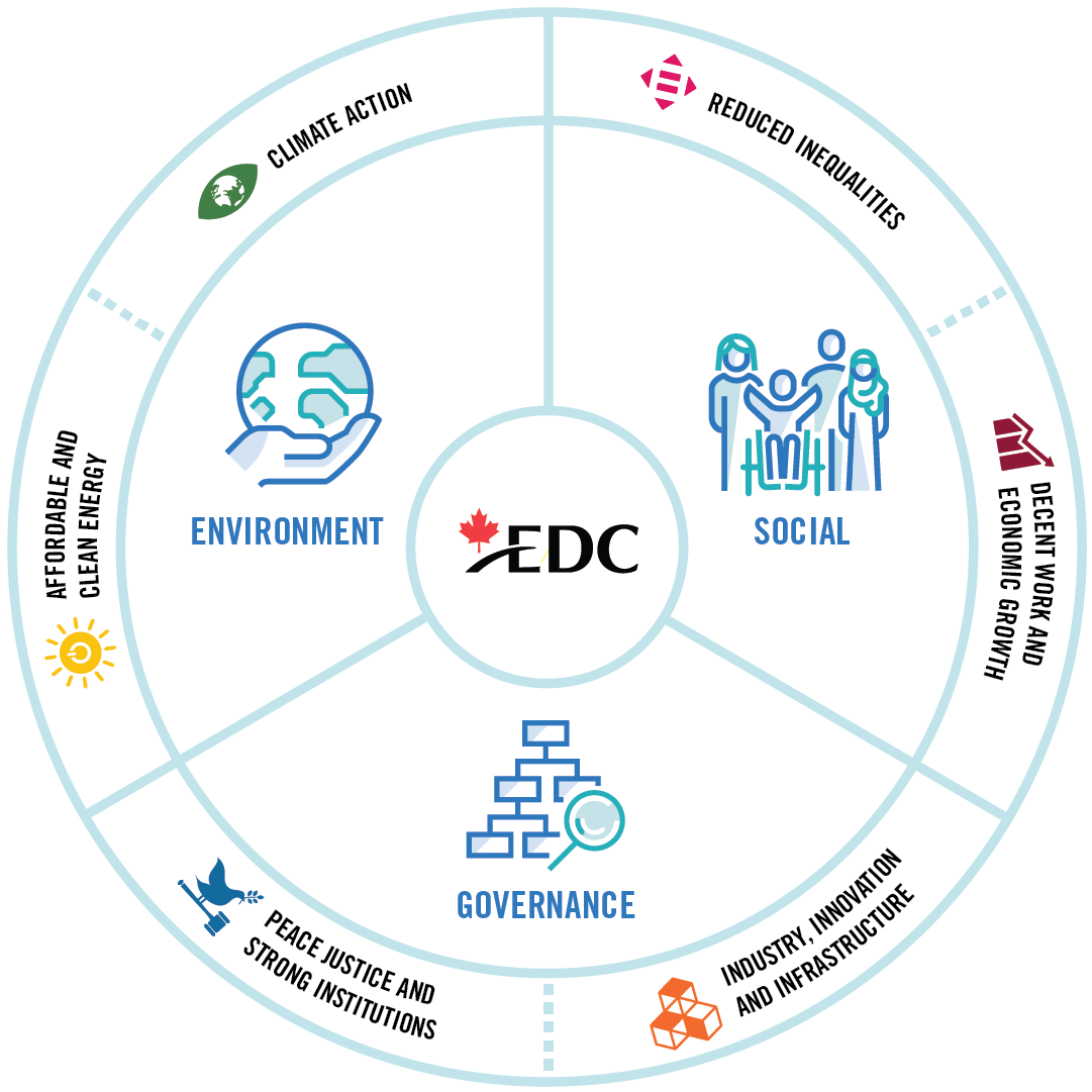 Image of a wheel with 3 core sections for environment, social and governance connected to the UN sustainable development goals of high priority to EDC.
